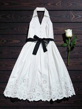 Spenser Jeremy White Collared Halter Scalloped Eyelet Fit & Flare Midi Dress 10